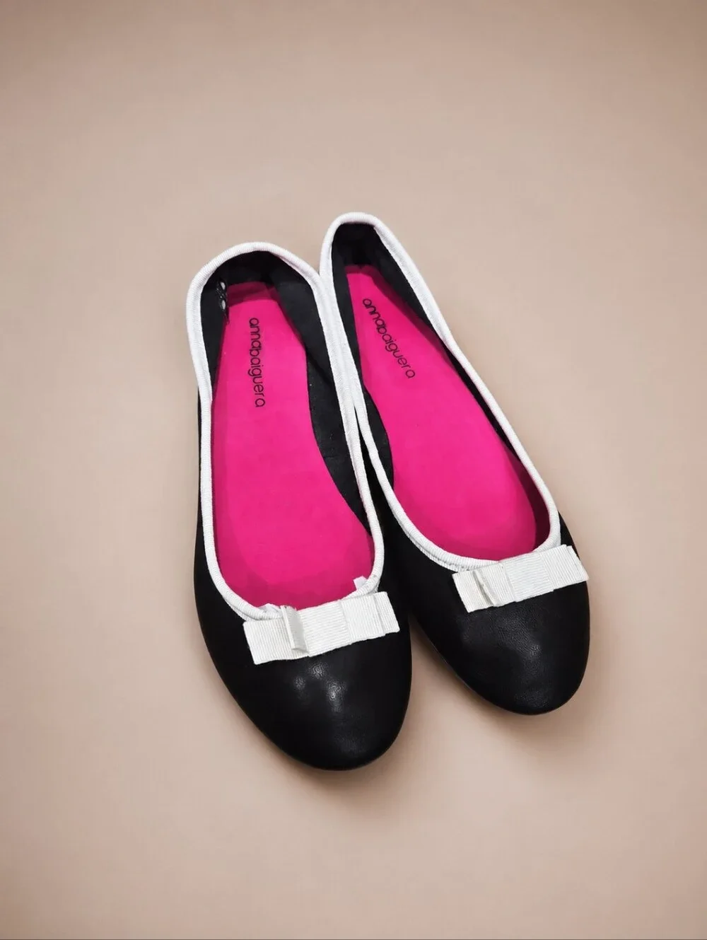 Anna‎ Baiguera Black Soft Leather Ballet Flats White Bow Trim EU 40 Italy